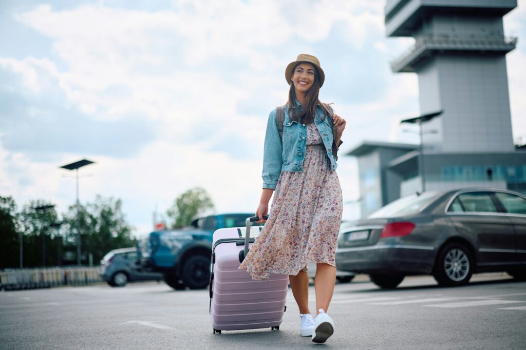 Carefree woman with luggage on parking lot at the airport.